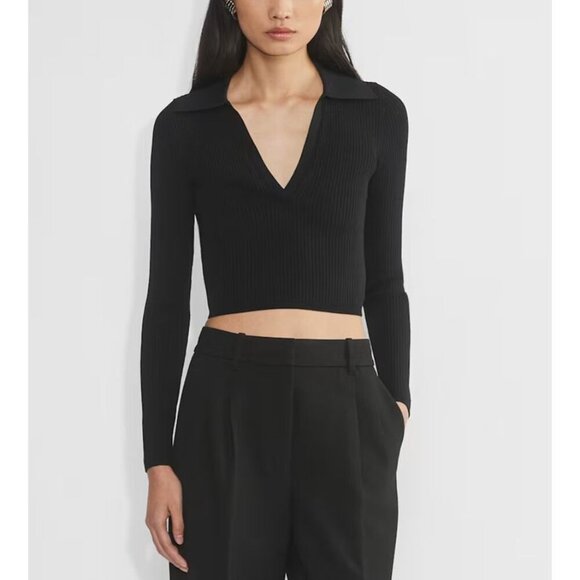 Babaton Sculpt Knit Polo Ribbed Long Sleeve in Black Size Large - Picture 1 of 11